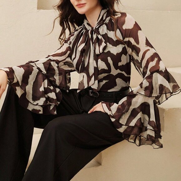 Tops - Women's Elegant Raglan Flare Sleeve Round Neck Semi-Sheer zebra print blouse